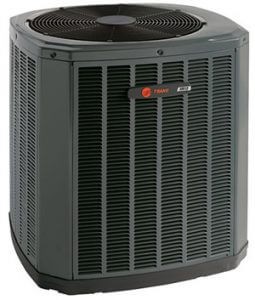 Outdoor Trane central air conditioner outdoor unit with a large top fan and vented sides.