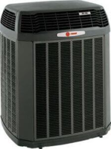 Outdoor central air conditioner condenser unit with protective grille and fan on top surface